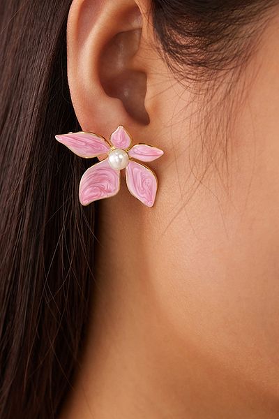 Glaren Pink Enamel 5 Petal Design Flower Women's Earrings