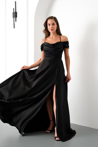 Lafaba Women's Black Low Sleeve Satin Evening Dress