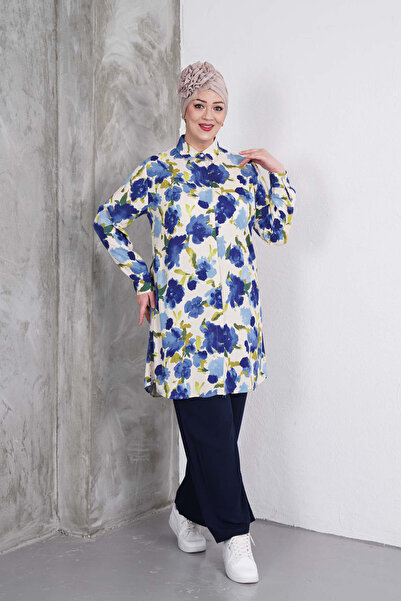 Polologin Butik Set pantaloni tunică cu model albastru-verde