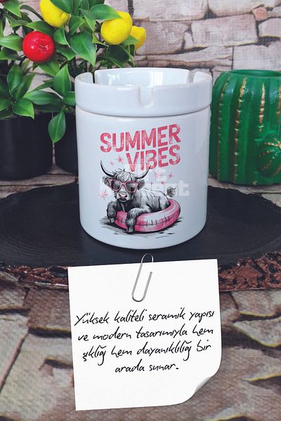 giftkonsept Summer Vibes Cow Summer Themed Printed Ceramic Lid Odorless Ashtray