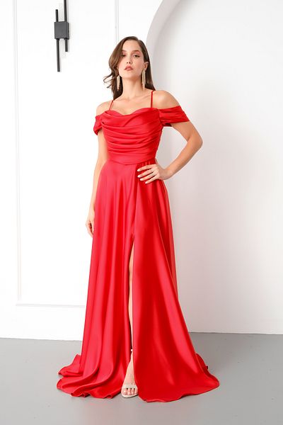 Lafaba Women's Red Low Sleeve Satin Evening Dress