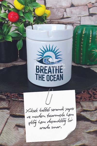 giftkonsept Breathe the Ocean Summer Themed Printed Ceramic Lid Odorless Ashtray