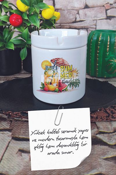giftkonsept Summer Time Cocktail Summer Themed Printed Ceramic Lid Odorless Ashtray