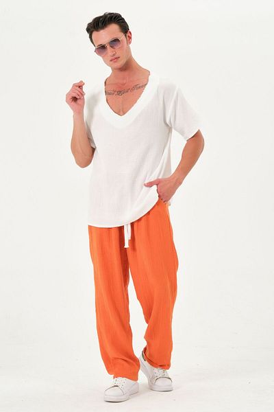 RELAXL 100% Cotton Muslin Fabric Loose Cut Summer Orange Baggy Trousers