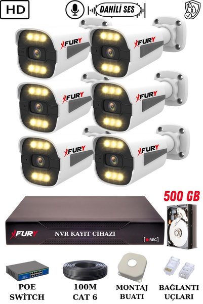 FURY 6 Kameralı Ip Güvenlik Kamerası Seti Sesli 4mp Gece Renkli Su Geçirmez 1506s 500GB