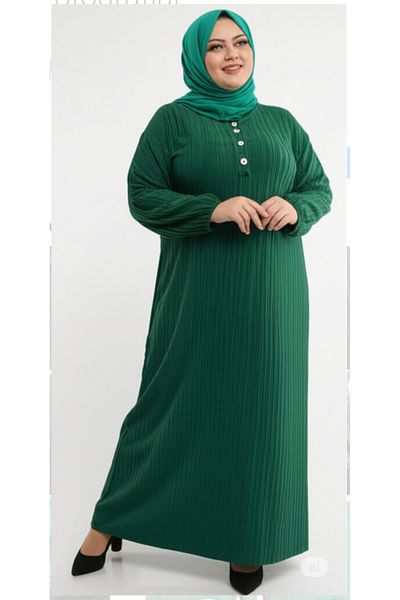 DHDmoda Women's Hijab Plus Size Green Buttoned Sleeve Elastic Dress