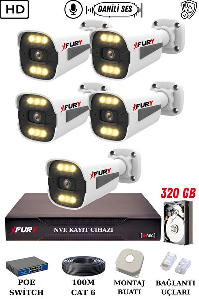 FURY 5 Kameralı Ip Güvenlik Kamerası Seti Sesli 4mp Gece Renkli Su Geçirmez 1...