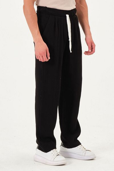 RELAXL 100% Cotton Relaxed Fit Summer Muslin Fabric Baggy Black Trousers