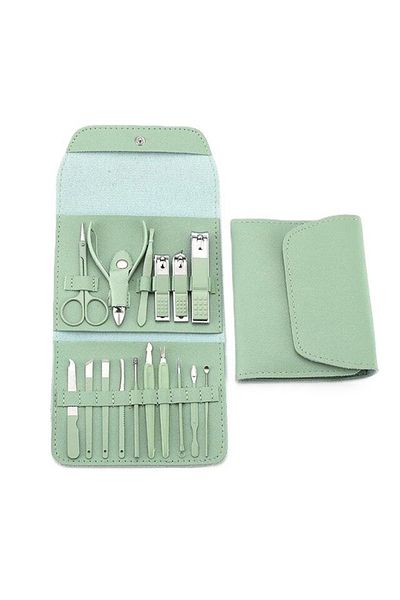 OEM 16 Piece Cosmetic Care Set with Eco-Leather Kit for Nails and Skin, Green