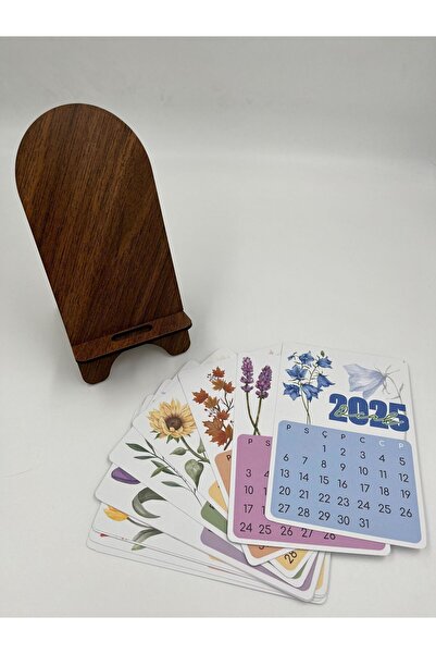 HOBİREYON 2026 Takvim - Çiçek Desenli Standlı Masaüstü Takvim- Ahşap Telefon Tutucu