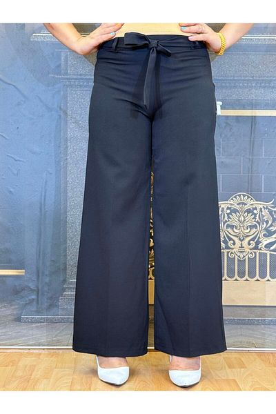 Yeşilmoda Wide Leg Pants, Black Color, High Waist, Casual, Belt, Crepe Fabric, High Quality, Women
