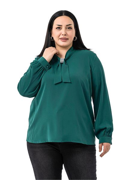 DISENTIS MODEST Plus Size Emerald Green Blouse with Sparkle Detail on the Collar and Cuffs