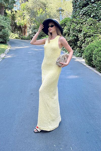 Swist Yellow Crew Neck Embossed Detail Women's Knitwear Midi Dress