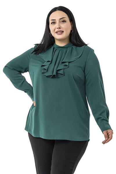 DISENTIS MODEST Plus Size Collar Single Layer Flounce Cuff Emerald Green Blouse