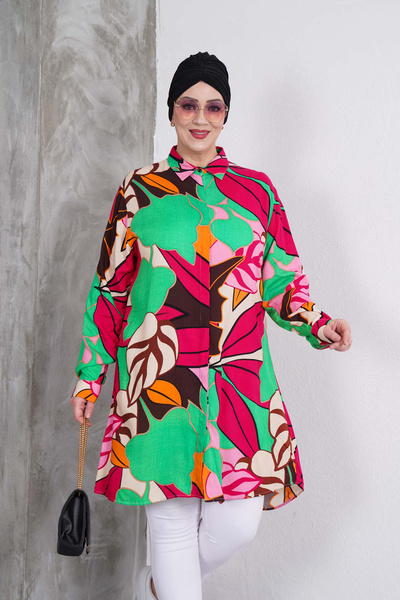 Polologin Butik Colorful Leaf Patterned Shirt Tunic
