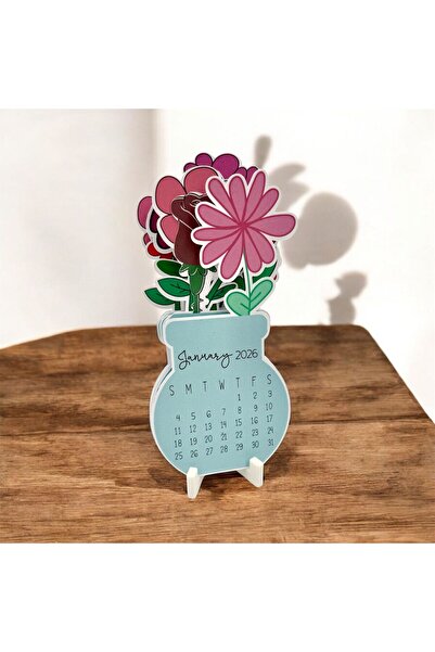 HOBİREYON 2026 Takvim - Çiçekli Takvim - Vazodaki Çiçekler Masaüstü Takvimi - Standlı Takvim (150x70 mm)