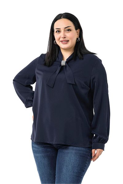 DISENTIS MODEST Plus Size Navy Blue Blouse with Sparkle Detail on the Collar and Cuffs