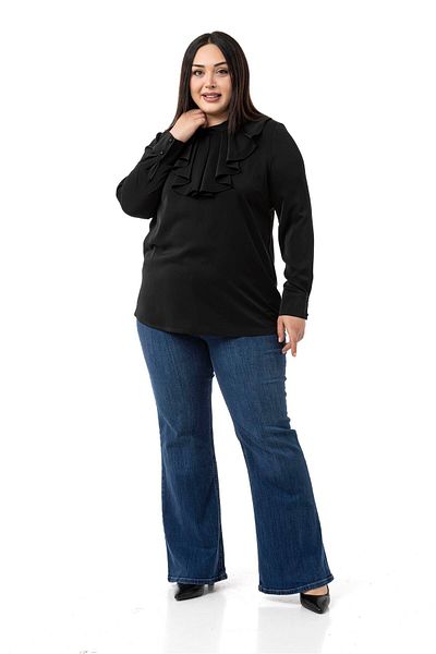 DISENTIS MODEST Plus Size Collar Single Layer Flounce Cuff Black Blouse