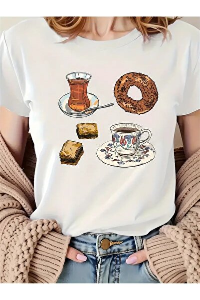 CLASİVA تي شيرت برقبة دائرية كبيرة الحجم مطبوع عليه شاي سيميت بقلاوة للجنسين