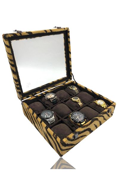 Dijital Çarşı Diji 12 Watch Box Watch Case Tiger with Coffee Coffee Cushion Inside