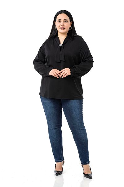 DISENTIS MODEST Black Blouse with Large Size Collar and Sparkle Detail on Cuffs