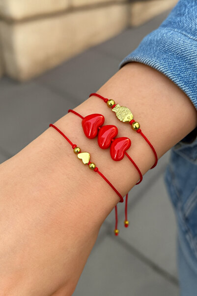 Femenino Set of 3 Red String Lucky Bracelets – with Heart & Fish Detail – Doe...