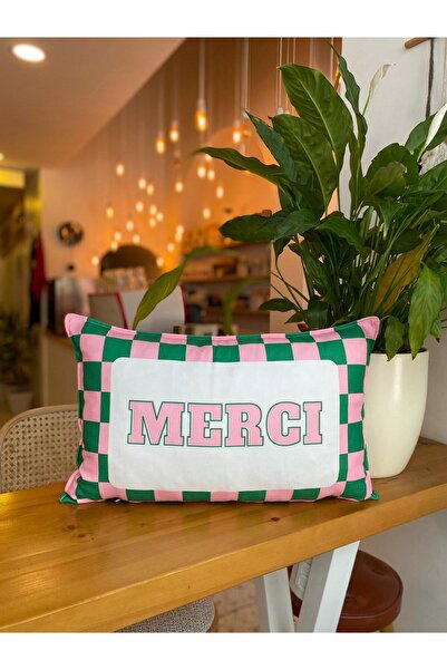 RahanDesign Merci Yazılı Çift Taraflı Dekoratif Kareli Süet Kırlent Kılıfı - ...
