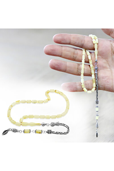 Tesbihane 925 Ayar Gümüş Kral Zincir Püsküllü Bilek Boy Kapsül Kesim Sarı Beyaz Doğal Damla Kehribar Tesbih