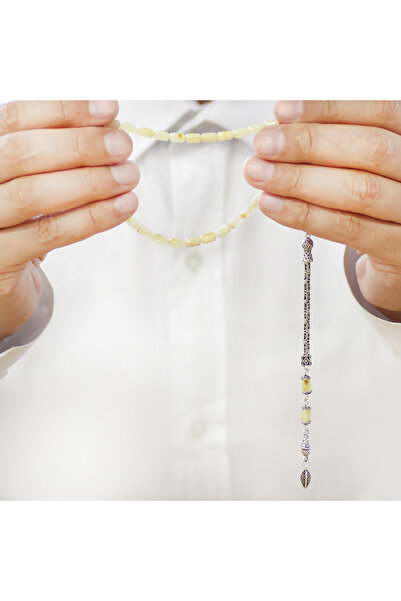 Tesbihane 925 Ayar Gümüş Kral Zincir Püsküllü Bilek Boy Kapsül Kesim Sarı Beyaz Doğal Damla Kehribar Tesbih