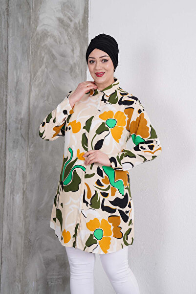 Polologin Butik تونيك منقوش بالزهور باللون البيج والأصفر والأخضر