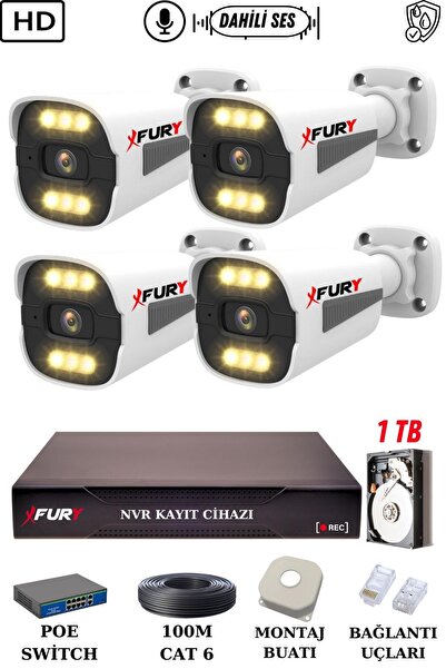 FURY 4 Kameralı Ip Güvenlik Kamerası Seti Sesli 4mp Gece Renkli Su Geçirmez 1...