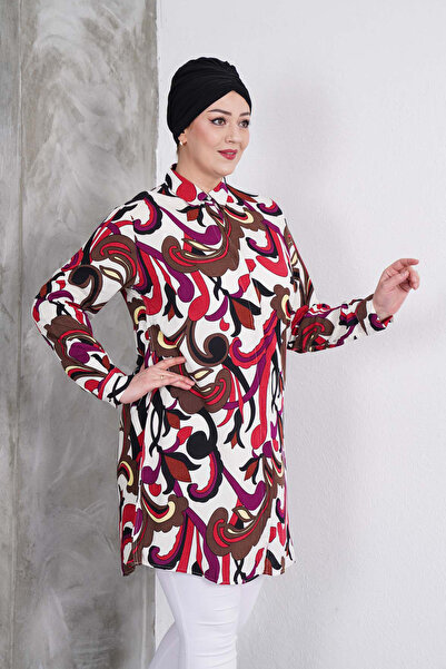 Polologin Butik Біла сорочка-туніка з мішаним візерунком