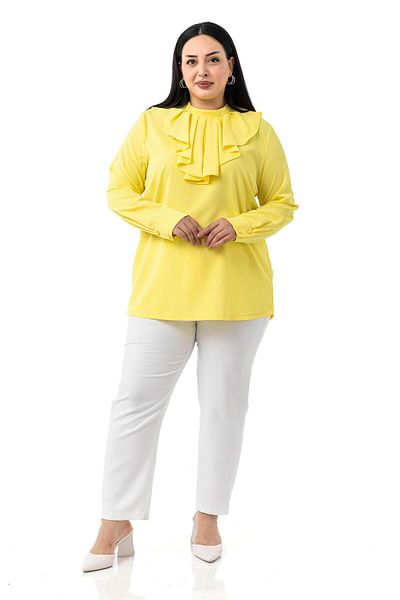 DISENTIS MODEST Plus Size Collar Single Layer Flounce Cuff Yellow Blouse