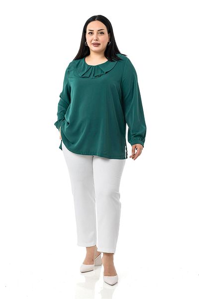 DISENTIS MODEST Plus Size Collar Pleated Emerald Green Blouse with Side Slits