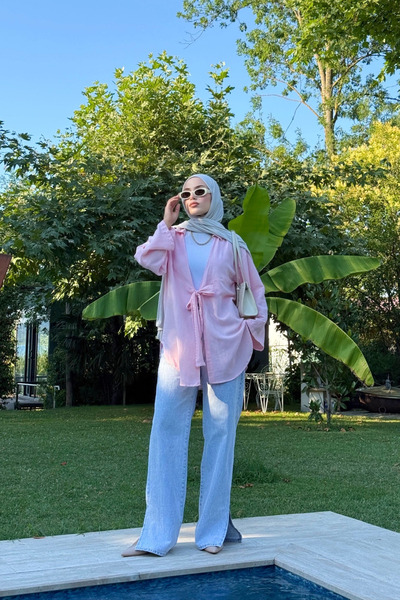 Bipantolon Women's Pink Tie Detail Flam Linen Kimono