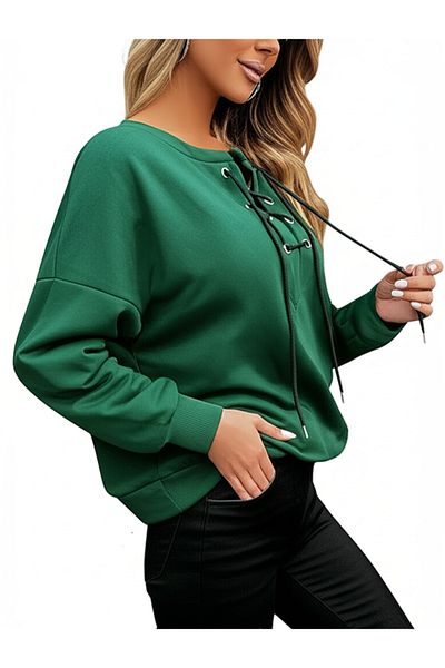 DHDmoda Women's Eyelet Detailed Green Two Thread Sweatshirt