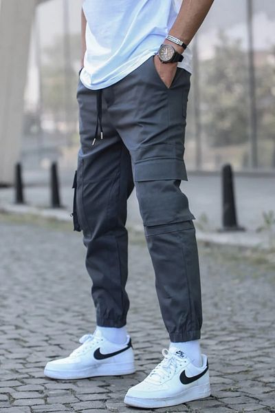 SERAZAT Men's Smoked Cargo Pocket Pants Elastic Leg Lycra Jogger Pants