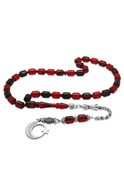 Tesbihane Blackened Metal Tassel Tip Capsule Name Written Ayyıldız Plate Red Black Fire Amber Prayer Beads