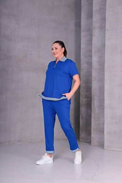 EGZEBRU Women's saks blue zippered polo collar plus size two-piece set