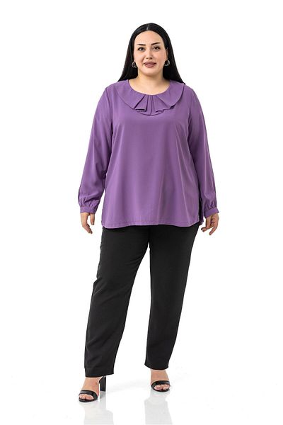 DISENTIS MODEST Plus Size Collar Pleated Lilac Blouse with Side Slits