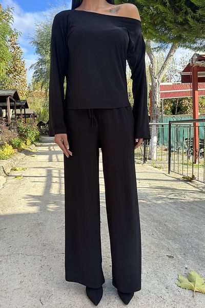NEW LAVİVA Women's Boat Neck Sandy Fabric Elastic Waist Bottom Top Set 700-3668