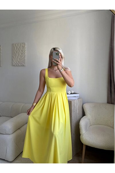 Zora Butik Valeria Kare Yaka Midi Elbise - SARI