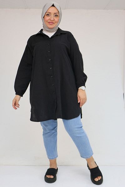 Eslina 58091 Large Size Muslin Shirt with Elastic Sleeves - Black