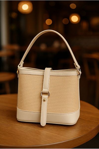 macharelbasic Women's Gold Detailed Straw Hand and Shoulder Bag