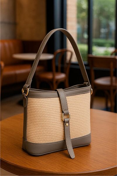 macharelbasic Women's Gold Detailed Straw Hand and Shoulder Bag