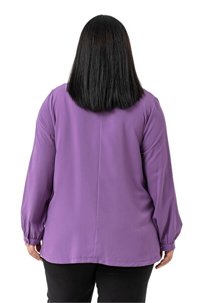DISENTIS MODEST Plus Size Collar Pleated Lilac Blouse with Side Slits