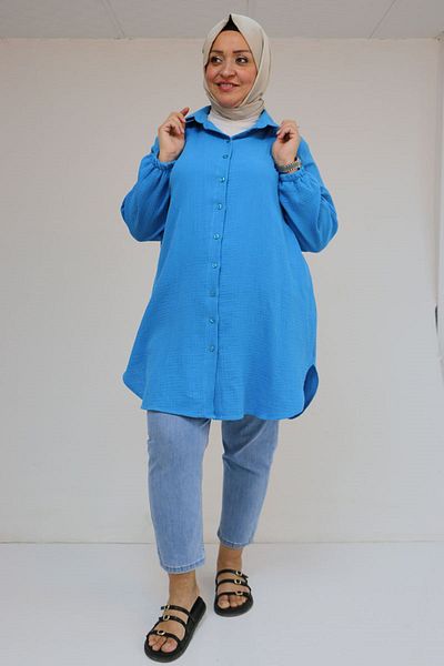Eslina 58091 Large Size Muslin Shirt with Elastic Sleeves - Blue