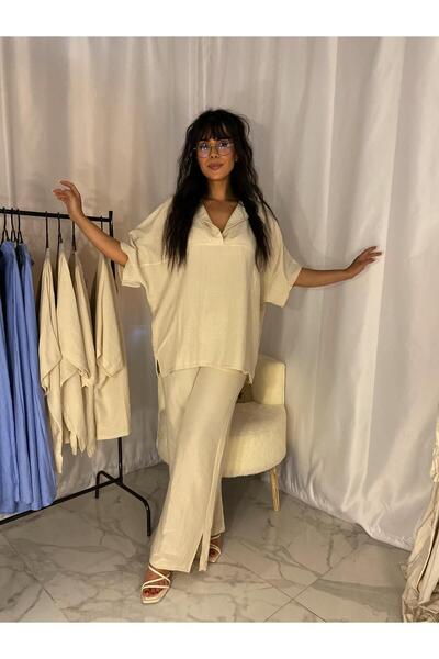 Butik Yaz Modasına Uyum Sağlayan Salaş Keten Takım – V Yaka, Rahat Kesim, Zar...