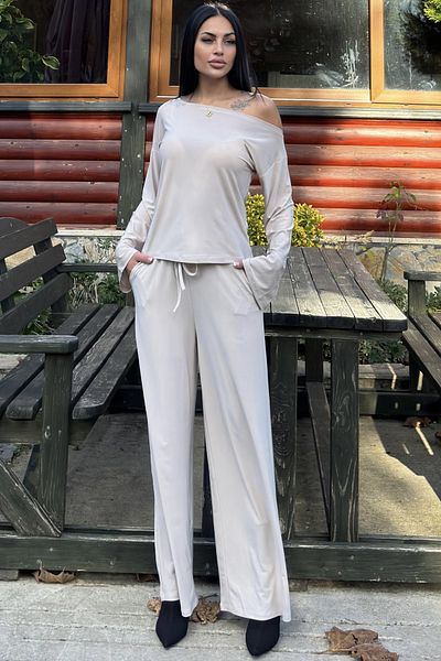 NEW LAVİVA Women's Boat Neck Sandy Fabric Elastic Waist Bottom Top Set 700-3668