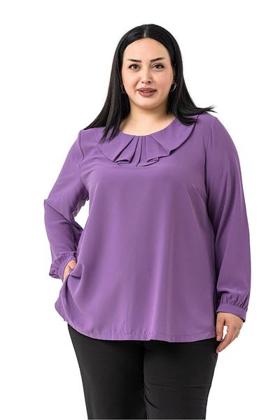 DISENTIS MODEST Plus Size Collar Pleated Lilac Blouse with Side Slits